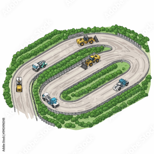 Heavy Equipment Working on a Winding Road Construction Site.