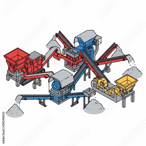 Industrial machinery for crushing and sorting materials in a processing plant.