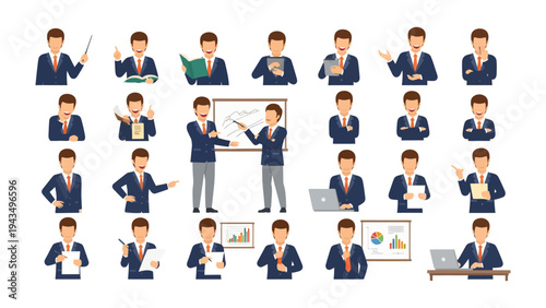 Versatile Businessmen in Action: A comprehensive collection of various gestures, poses and expressions of a man at work, ready for any business related designs. 
