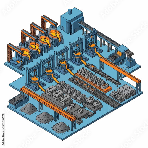 Isometric illustration of a detailed industrial steel production plant.