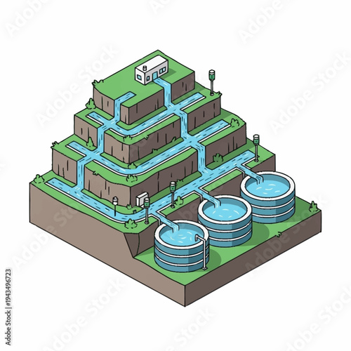 Isometric illustration of a terraced water management system with reservoirs.