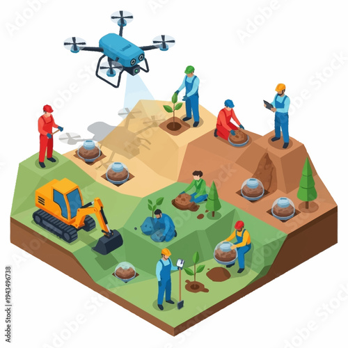 Isometric illustration of land reclamation and environmental restoration with drone technology.