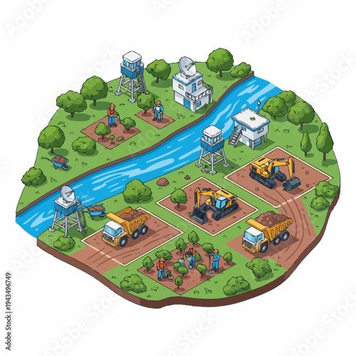 Isometric illustration of a vibrant industrial and agricultural landscape with a river.