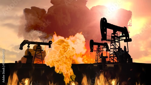 Wallpaper Mural Oil pump jacks silhouettes against massive explosion and fire at oil field from missiles during the war with Iran dramatic 3D render concept Torontodigital.ca