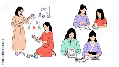 Crafting Harmony: A collection of women engrossed in various crafting activities, each showcasing patience and creative expression, illustrating the serenity of handmade artistry. 