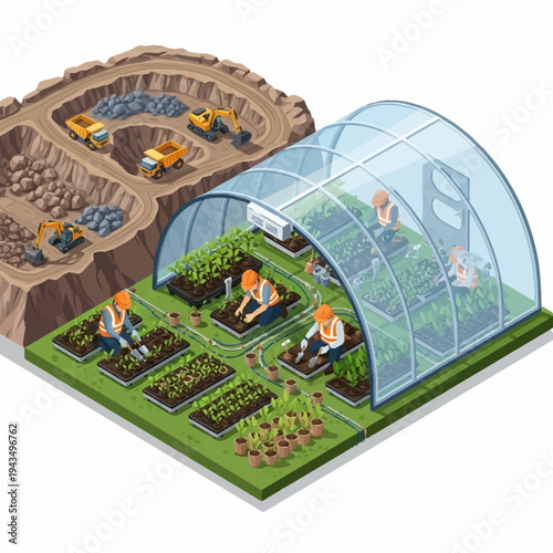 Isometric illustration of smart agriculture combining greenhouse and outdoor farming with technological integration.