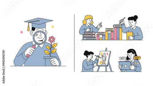 Educational Journey Illustration: A set of illustrations depicts the various stages of learning and personal growth, from the pursuit of knowledge to the expression of creativity.