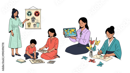 Learning and Creativity in Environmental Education: A diverse group engages in an interactive environmental education session, exploring themes of sustainability, creativity and conservation