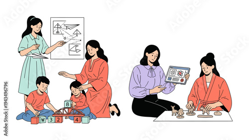 Education and Creative Play: A charming portrayal of learning and creativity comes to life as a teacher guides the students