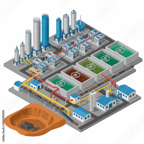 Isometric Industrial Complex with Water Treatment and Mining Operations.