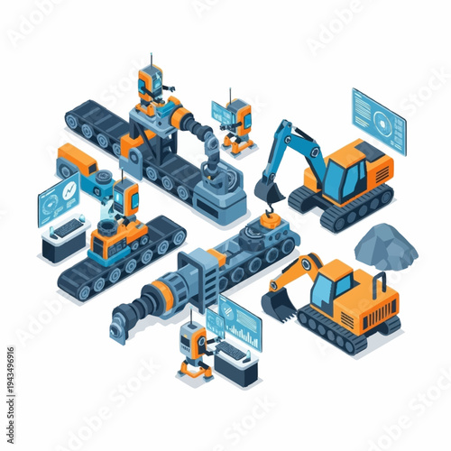 Isometric Industrial Mining and Construction Equipment with Robotic Arms and Excavators.
