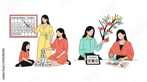 Nurturing Minds and Creativity: A collection of images portraying a teacher guiding and inspiring young students in a classroom setting. Scenes of learning and play.