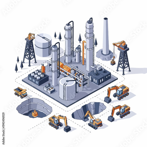 Isometric Industrial Mining and Processing Plant Illustration.