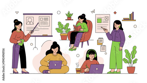 Women in Creative Workspace: A collection of women in their work or study. They're engaging in various creative tasks, showcasing the diverse ways individuals connect with the modern workspace. 