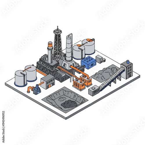 Isometric Industrial Mining Complex with Processing Facilities and Open Pit.