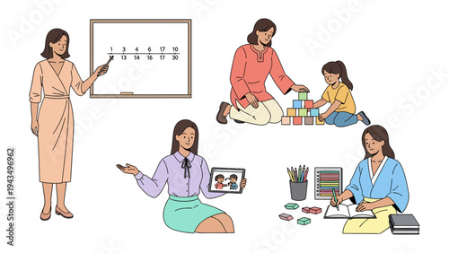 Teaching and Learning: A depiction of educators at work, engaging in various teaching methods and fostering a learning environment.