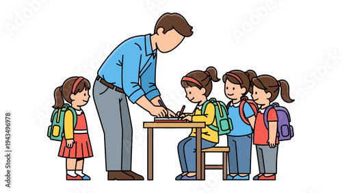 Teacher at School: A caring teacher assists attentive young students, fostering a positive learning environment. Symbolizing guidance and support within an educational setting.