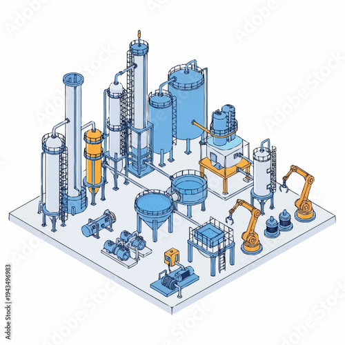 Isometric Industrial Plant with Chemical Processing and Robotic Arms.