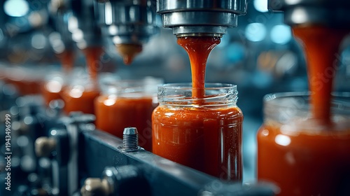 Tomato sauce is being automatically poured into glass jars on a conveyor belt in a food processing factory production line for distribution.