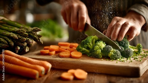 Person skillfully cuts fresh broccoli with a knife on a wooden cutting board prepa a healthy meal with other vibrant vegetables.
