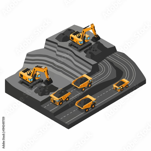 Isometric mining operation with excavators and dump trucks on a multi-level terrain.