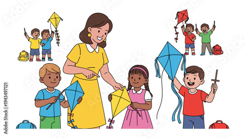 A Moment of Joy: A teacher guides a group of children as they eagerly prepare to fly colorful kites. capturing the essence of childhood wonder and the excitement of a bright day.