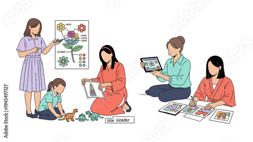 Creative Learning: A nurturing scene of educators and children, engrossed in various educational and creative activities, fosters an environment of growth and innovation. 