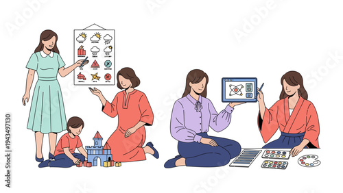 Creative Women in Daily Life: A captivating depiction showcasing versatile woman, engaging in different aspects of daily life, from education to creative hobbies.