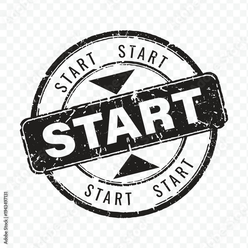 Single black vintage circular grunge rubber stamp featuring start text for beginning process and initiative launch