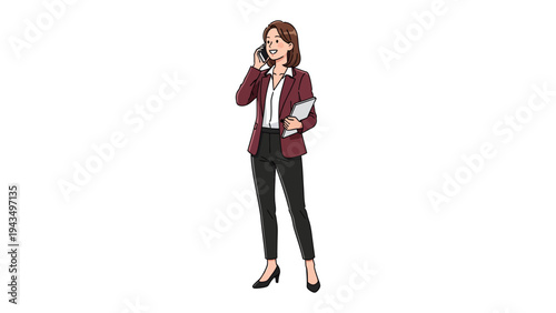 Business Call in Progress: A poised businesswoman in elegant attire, engaged in an important phone conversation while holding a document. Capturing focus and professional communication.