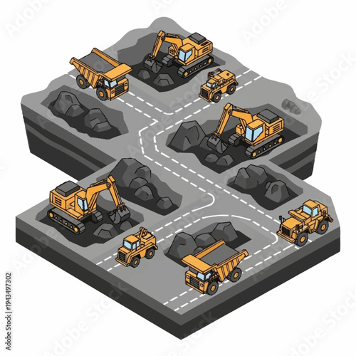 Isometric Mining Site with Heavy Equipment and Coal Piles.