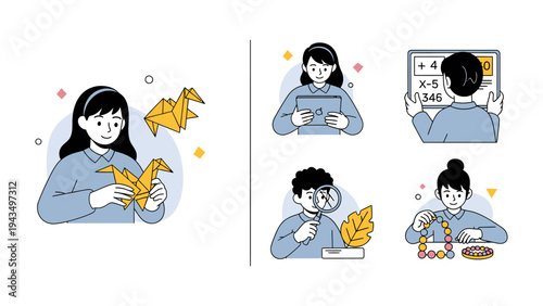 Creative Pursuits and Learning: A visual collection of activities. Displaying learning and hobbies. from origami crafting to leaf observation, and technology.