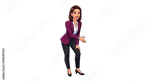 Polished Presentation: A stylish businesswoman, radiates confidence in her professional attire, extending a welcoming hand in a gesture of invitation and expertise.