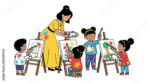 Creative Learning in Art Class: Children learn to paint with a teacher and their colorful palettes. This image captures the beauty of art and education.