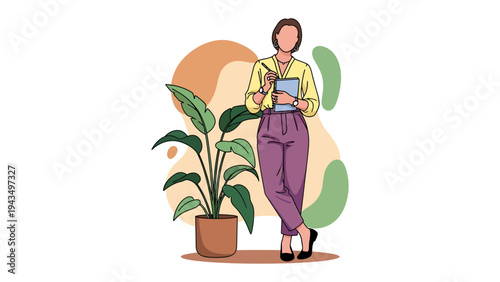 Woman Sketch with Plant and Paper: An illustration of a woman standing and writing, with an ornamental plant in a pot placed in front of her.