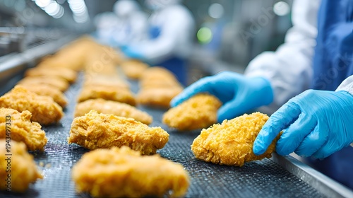 Blue gloved workers inspect fried chicken pieces on a conveyor belt du food production in a clean and modern industrial factory.