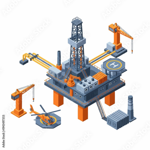 Isometric Offshore Oil Rig Platform with Helicopter and Cranes.