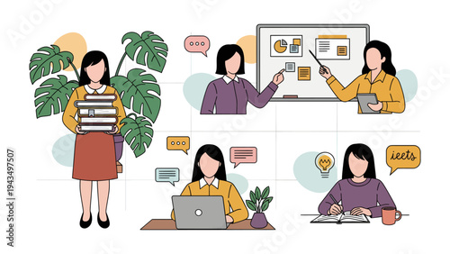 Educational Activities and Professions: A curated composition illustrating different facets of the educational sphere, showcasing professionals in diverse learning environments.