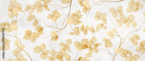 Abstract art background with transparent beige or gold leaves on a branch. Botanical banner for decor, prints, packaging, textiles, wallpaper, posters, and interior design.