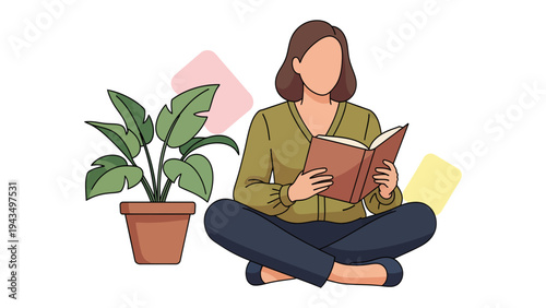 Serene Reader: A woman, immersed in the pages of a book, sits peacefully with a houseplant nearby, creating a tranquil scene of quiet contemplation.