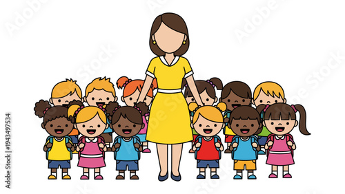 Harmony in the Classroom: A loving educator embraces a diverse group of joyful children, symbolizing togetherness and education.