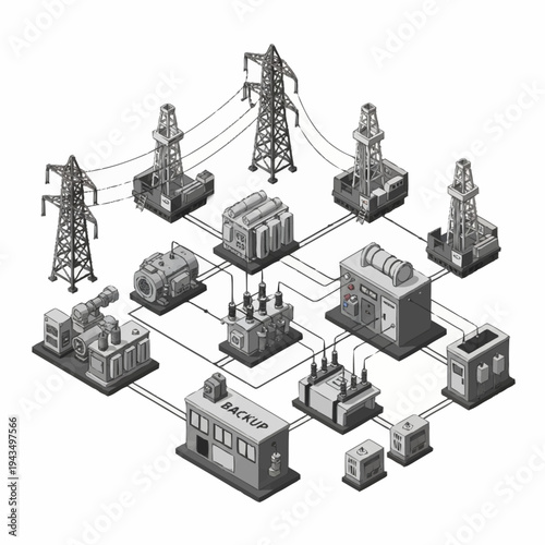 Isometric Power Grid Network with Oil Rigs and Substations.