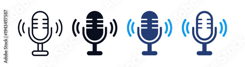 Podcast microphone icon set with sound waves representing audio recording, broadcasting and podcasting streaming, voice recording, and audio communication