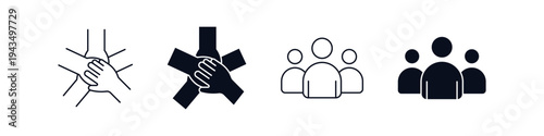 teamwork icon set featuring hands joined in unity and people silhouettes symbolizing cooperation, unity, partnership,  group support, collaboration and business partnership.