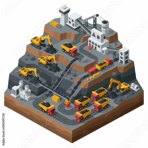 Isometric view of a detailed open pit mining operation with heavy machinery.