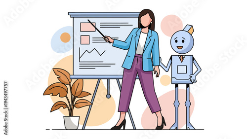 Presentation with Robot: A female presenter confidently explains data on a flip chart, assisted by a friendly robot, in a clean, modern workspace.