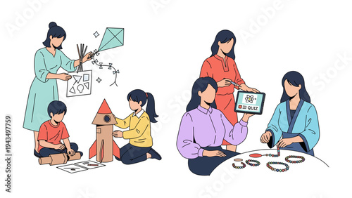 Moments of Play and Learning: Illustration captures moments of joyful activity between a mother and her children. Kite-flying and crafting, to the digital world.  