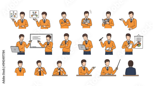 Presentation Ensemble: A collection of various poses and gestures performed by a man, all geared towards delivering a presentation or conveying information.
