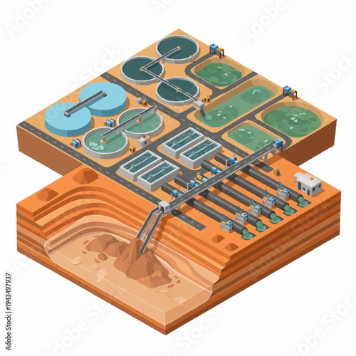 Isometric view of a modern wastewater treatment plant.