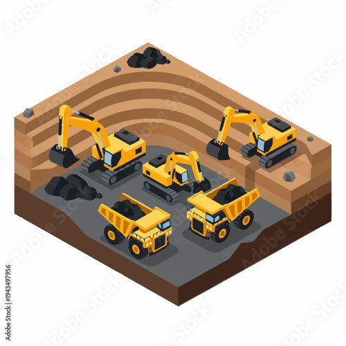 Isometric View of an Open Pit Mine with Heavy Construction Equipment.